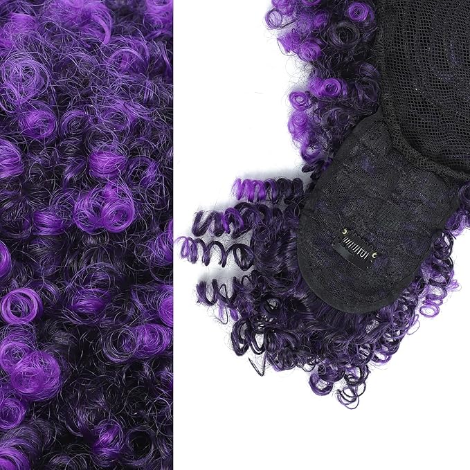 ENTRANCED STYLES Drawstring Ponytail with Bangs Afro Puff Ponytail Extensions for Women Short Curly Puff Ponytail with Bangs Clip in Wrap Updo Hairpiece(Tpurple)