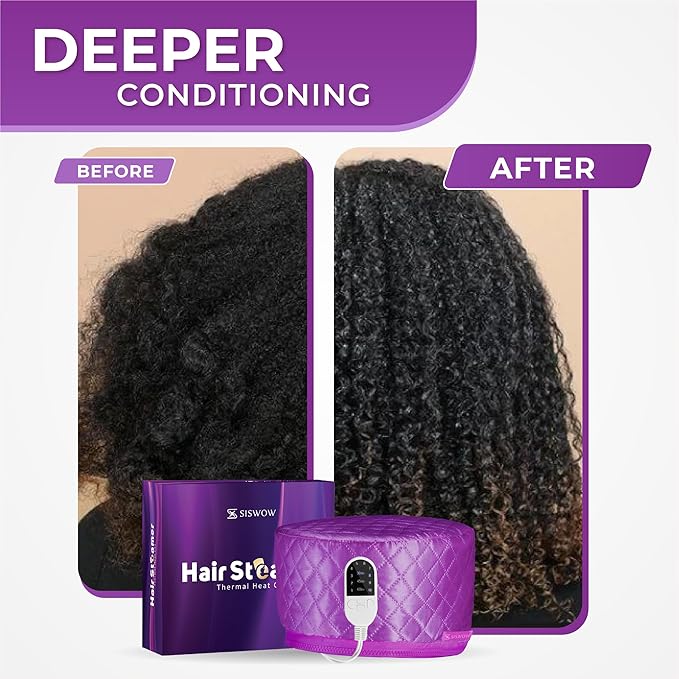 Hair Steamer for Deep Conditioning w/10-level Heats Up Quickly, Heating Cap for Deep Conditioner - Thermal Steam Cap for Black Hair, Great for Hair Treatment (Purple)