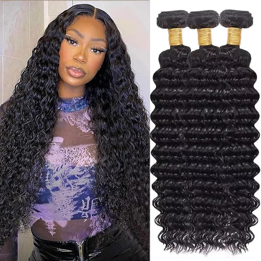 Deep Wave Human Hair Bundles, 28 30 32 Inch, 100% Unprocessed Brazilian Virgin Hair, Deep Curly, Natural Black, Wet And Wavy Bundles - 3 Pack, Style Keep Texture Silky Soft, Hair Extension