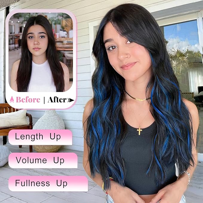 ALXNAN Clip in Long Wavy Synthetic Hair Extension 20 Inch Black Mix Blue Highlights 4PCS Thick Hairpieces Fiber Double Weft Hair for Women