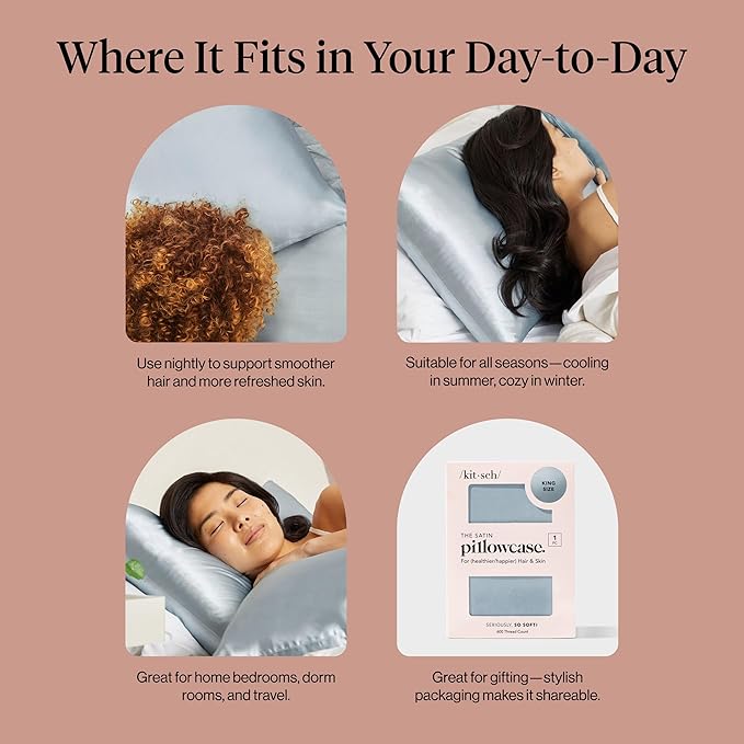 Kitsch Satin Pillowcase, Softer Than Silk Pillow Cases King, Cooling Pillow Covers, Satin Pillowcase with Zipper for Hair, Skin & Quality Sleep, Wrinkle-Free & Smooth, King Size 19"x36", Haze Blue