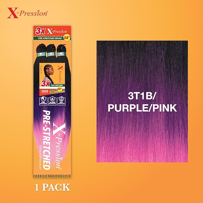 Sensationnel X-pression prestretched braiding hair - 3x braid 58 inch all kanekalon flame retardant synthetic braid for box braids and twists (1 pack, 3T1B/PURPLE/PINK)