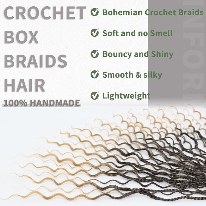 24 Inch 7 Packs Boho Box Braids Crochet Hair for women Goddess Box Braids with Curly Ends Bohemian Crochet Braids Synthetic Braiding Hair Extensions, 1B/27
