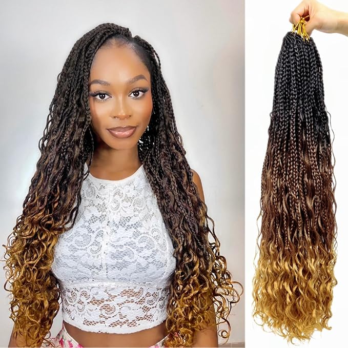 Eacia Goddess Box Braids Crochet Hair 24 Inch 7 Packs Pre Looped Ombre Crochet Hair with Curly Ends Boho Box Braids for Women(24 Inch, T1B/30/27#)