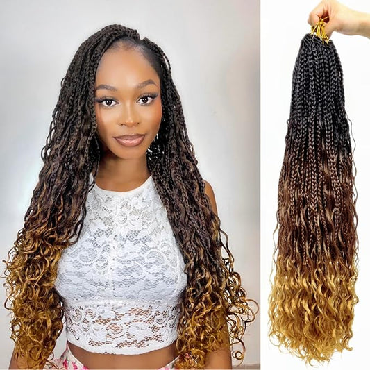 Eacia Goddess Box Braids Crochet Hair 24 Inch 7 Packs Pre Looped Ombre Crochet Hair with Curly Ends Boho Box Braids for Women(24 Inch, T1B/30/27#)