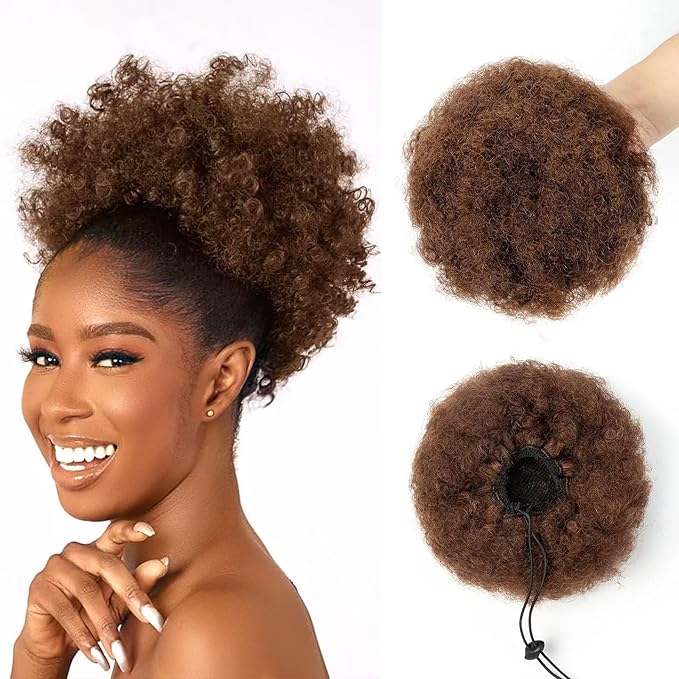 Afro Puff Clip On Human hair Drawstring Ponytail for Black Women,Short Afro Kinkys Curly Afro Bun Extension Hairpiece Ponytail Extension 8 Inch #4 Medium Brown 60g