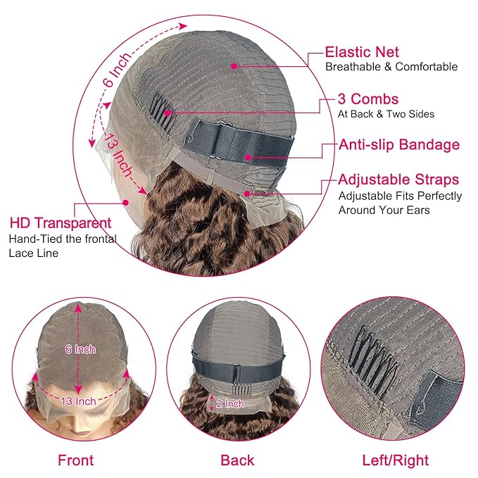 13x6 Deep Wave Lace Front Wigs Human Hair Chocolate Brown Deep Curly Human Hair Wig for Women 220% Density HD Lace Front Wet and Wavy Wigs Pre Plucked Brazilian Virgin Hair 28inch