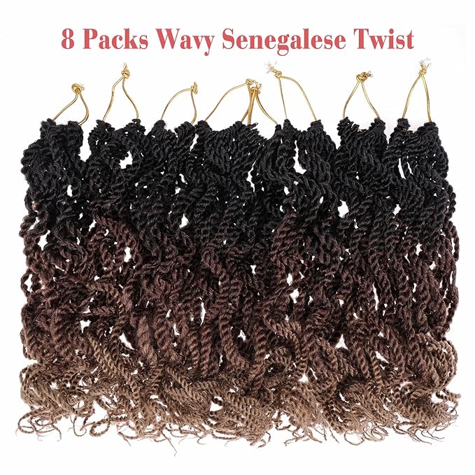 Leeven 6 Inch Short Senegalese Twist Crochet Hair with Curly Ends 8 Packs Ombre Brown to Blonde Pre Looped Small Wavy Hanava Twist 3 Tone Synthetic Crochet Braids for Women Girl Kids