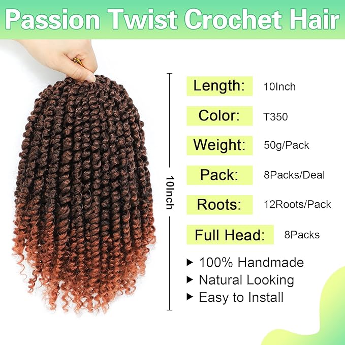 Passion Twist Crochet Hair 10Inch Passion Twist Hair 8 Packs Pre-Twisted Short Passion Twist Crochet Hair for Black Women Soft Passion Twist Curly Crochet Hair…