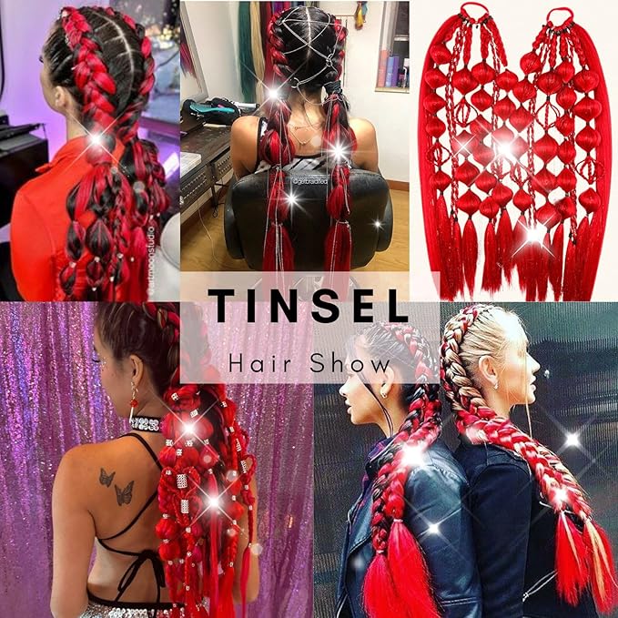 Red Braiding Hair with Tinsel Pre Stretched Braiding Hair Pre Feathered Hair Extensions Yaki Texture Glitter Braids