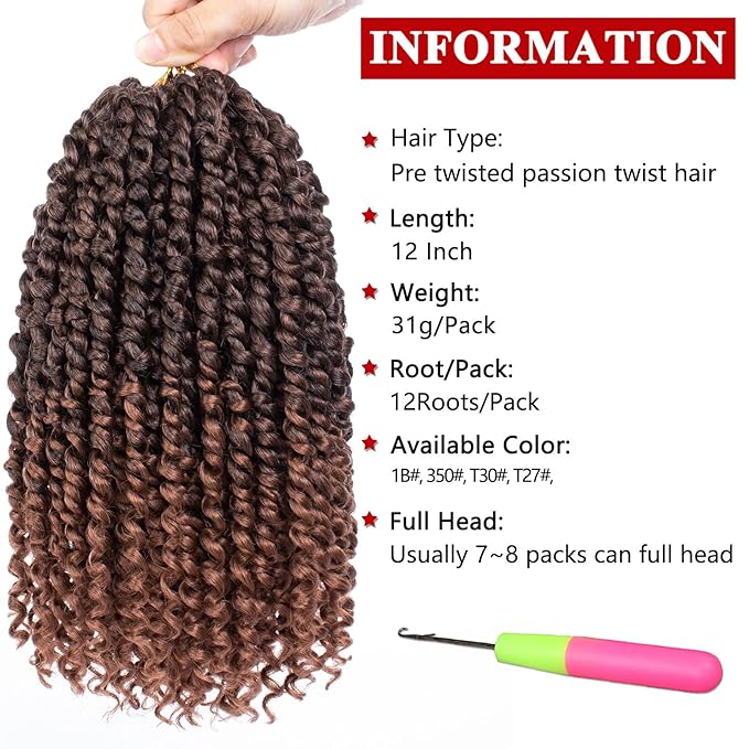 Xtrend 8 Packs Pre Twisted Passion Twist Crochet Hair 12 Inch Natural Pre-looped Passion Twist Crochet Braids Hair For Women Bohemian Synthetic Passion Braiding Hair Extension (8packs, T30#)