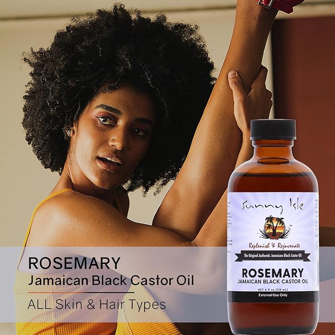 Sunny Isle Rosemary Jamaican Black Castor Oil 4oz | Hair Growth Treatment | For Scalp & Acne-Prone Skin | Hot Oil Application