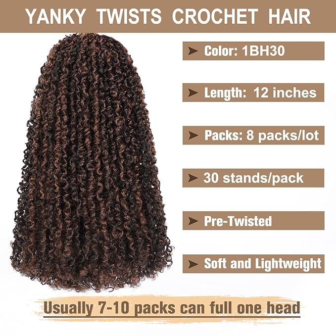 COOKOO 12 Inch 8 Packs Pre-Looped Yanky Twist Crochet Hair with Mini Curly Ends Mix 2 Tones Micro Yanky Twist Passion Twist Crochet Hair Pre twisted Spring Twist Crochet Hair for Women 1BH30#