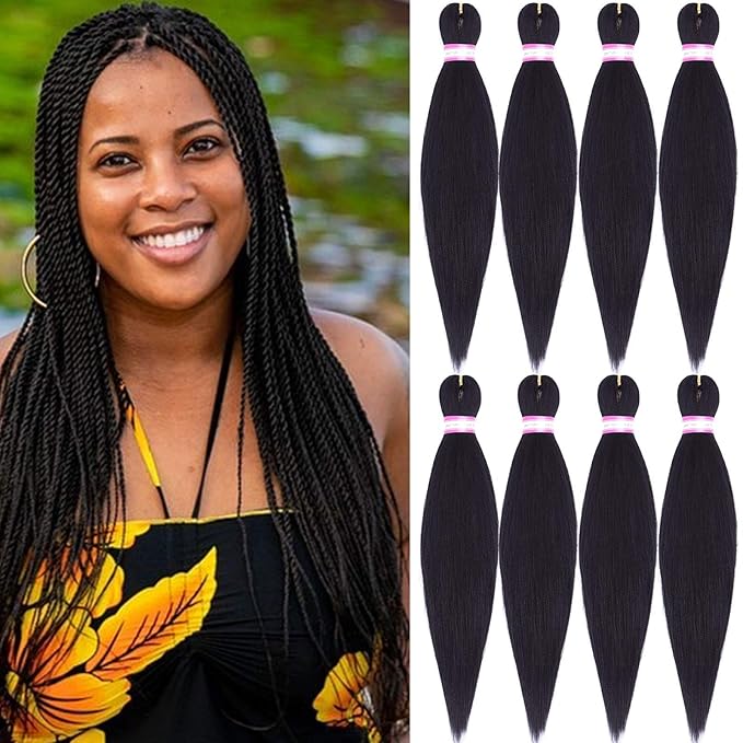 Black Braiding Hair Pre Stretched 20 Inch 8 Packs Braiding Hair Extensions for Crochet Box Braids Twists Locs Hair Itch Free Soft Yaki Texture Hot Water Setting (20inch,#1)