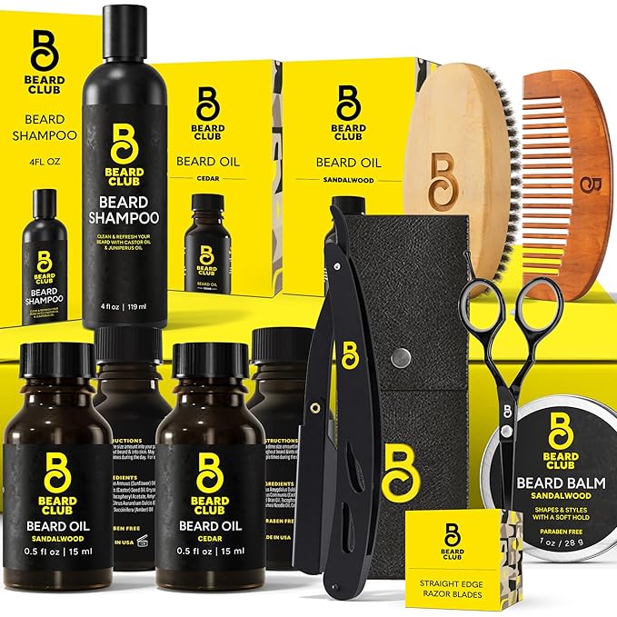 The Beard Club Premium Beard Kit for Men - Grooming & Care Kit - Cedar & Sandalwood Oil, Sandalwood Balm, Shampoo, Brush, Comb, Trimming Scissors, Straight Edge Razor - Gift Set