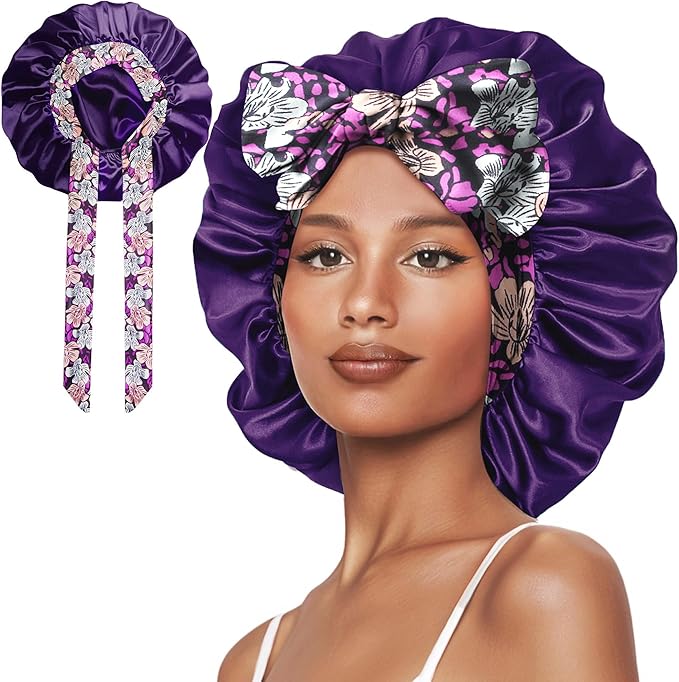 Double Layer Silk Bonnet with Tie Satin Lined Sleep Cap Hair Cover for Women's Curly Natural Hair
