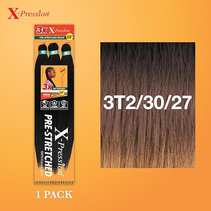 Sensationnel X-pression prestretched braiding hair - 3x braid 58 inch all kanekalon flame retardant synthetic braid for box braids and twists (1 pack, 3T2/30/27)