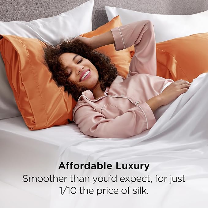 Bedsure King Size Satin Pillowcase Set of 2 - Orange Silky Pillow Cases for Hair and Skin with Envelope Closure, Similar to Silk Pillow Cases, Gifts for Women Men, 20x36 Inches, 2pcs