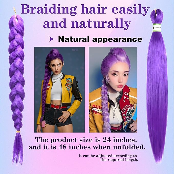 Pre Stretched Braiding Hair With Yaki Texture, Professional Hair Extension for Corochet Braid (Rumi Purple, 24inch（pack of 8）)
