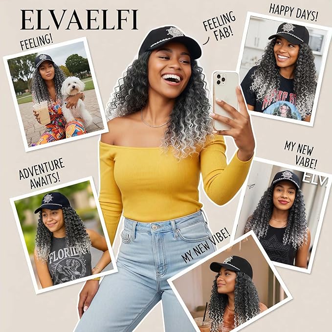 Hat with Gogo Curl Crochet Hair, 16-Inch Synthetic Long Grey Wig for Women, Ombre Gray Baseball Cap Wig