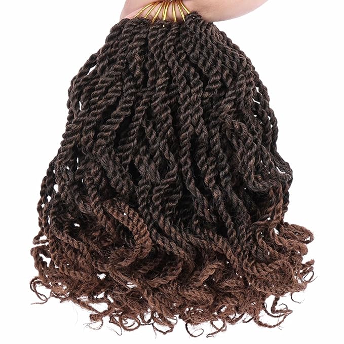 Leeven 6 Inch Senegalese Twist Crochet Hair with Curly Ends 8 Packs Ombre Brown Pre Looped Wavy Hanava Twist 2 Strand Short Twist Hair Synthetic Crochet Braids for Women Girl Kids #T30