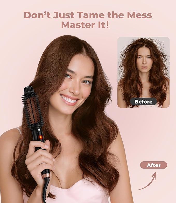 Farery 1.5 Inch Thermal Brush, Curling Iron for Smooth Bouncy Curls – Anti-Scald Hard Bristles, Lightweight, One-Button Start, Dual Voltage Travel Hair Tool with 360° Swivel Cord, 410°F Fast Heat