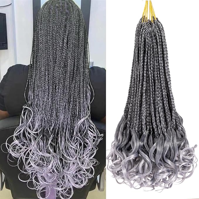 9 Packs Ombre Gray French Curl Crochet Braids 14 Inch Crochet Goddess Box Braids with Curly Ends Pre Looped Synthetic Bouncy Braiding Hair for Women