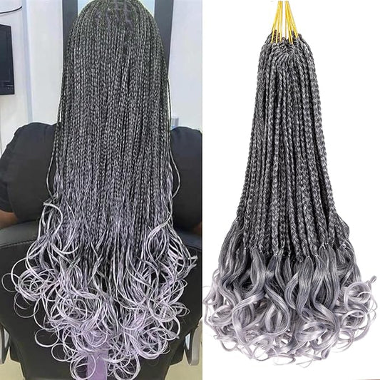 9 Packs Ombre Gray French Curl Crochet Braids 14 Inch Crochet Goddess Box Braids with Curly Ends Pre Looped Synthetic Bouncy Braiding Hair for Women