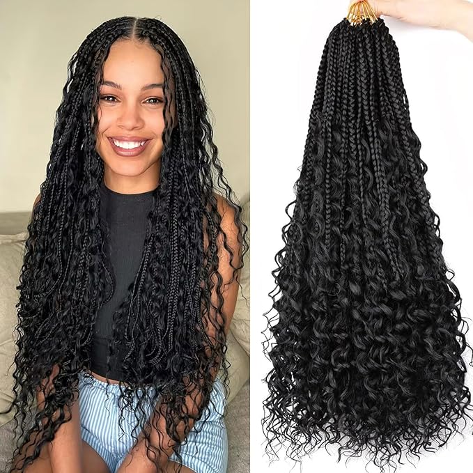24 inch Goddess Box Braids Crochet Hair Bohemian Box Braids Curly Ends 8 Packs Crochet Box Braids Pre-looped Boho Box Braids Crochet Braids for Black Women Synthetic Braiding Hair Extension #2