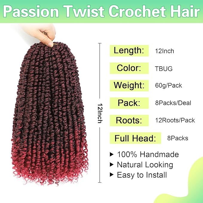 Passion Twist Crochet Hair, Passion Twist Hair 12Inch 8 Packs, Short Passion Twist Crochet Hair for Black Women, twist crochet hair, Passion Twist Curly Crochet Hair Tbug…