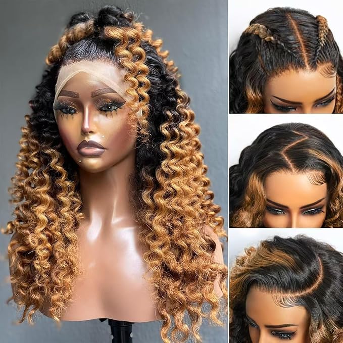 MEGOOD 250% Density 13x6 Highlight Ombre Lace Front Wig Human Hair 13x6 HD Honey Blonde 4/27 Curly Wig Human Hair Pre Plucked For Black Woman Deep Wave Lace Front Wigs Human Hair Colored Wigs 30Inch