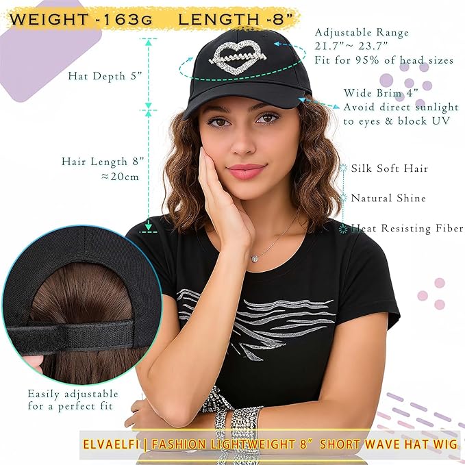 Short Bob Wigs for Women Ago 8-Inch, Hat with Hair Attached, Synthetic Brown Curly Baseball Cap Wig