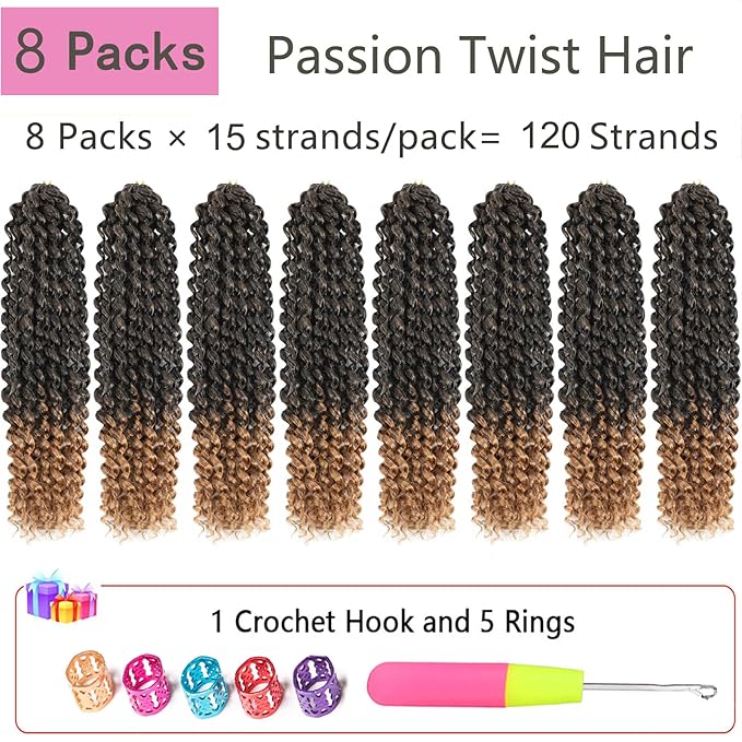 Passion Twist Hair 14 Inch 8 Packs Passion Twist Crochet Hair For Black Women Water Wave Braiding Hair Curly Long Spring Twist Hair Synthetic Hair Extension (14 Inch (Pack of 8), T27)