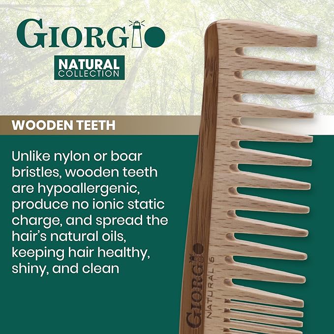 Giorgio GIONAT6 Natural Wooden Comb Hair Detangler - Half Fine Tooth and Wide Tooth Comb for Curly Hair, Bamboo and Beechwood Hair Combs for Thick Hair - Organic Wooden Hair Comb for Men and Women