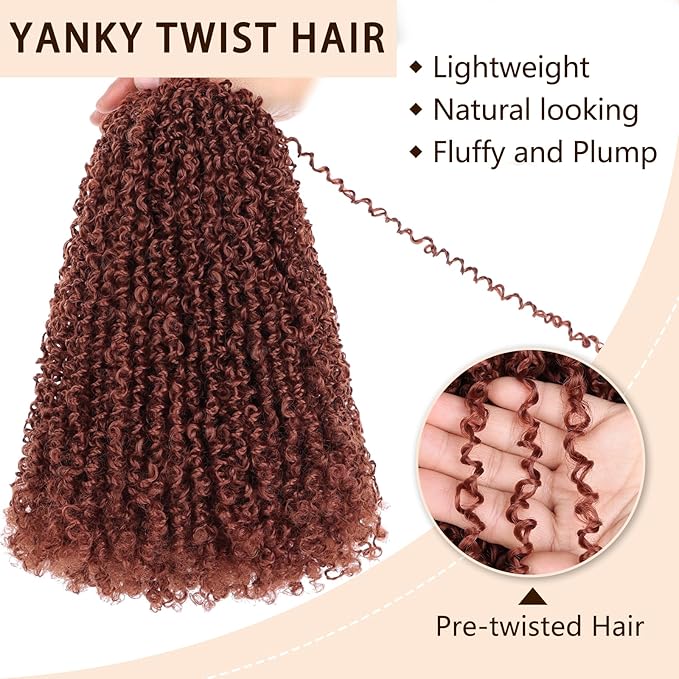 COOKOO 12 Inch 8 PCS Pre-curled Yanky Twist Synthetic Crochet Braids Hair Pre Looped Ginger Spring Twists Hair Short Passion Twists Crochet Hair Small Curly Twist Crochet Hair with Curls