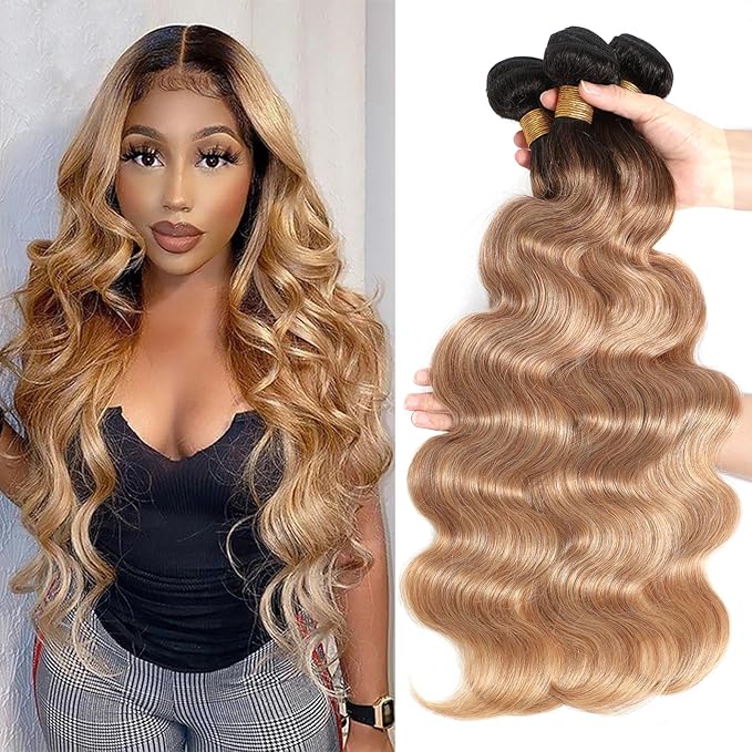 12A Ombre Body Wave Bundles Human Hair (T1B/27,26" 28" 30") Brazilian Ombre Brown Human Hair 3 Bundles Deals 100% Unprocessed Virgin Brazilian Body Wave Hair Weave Bundles