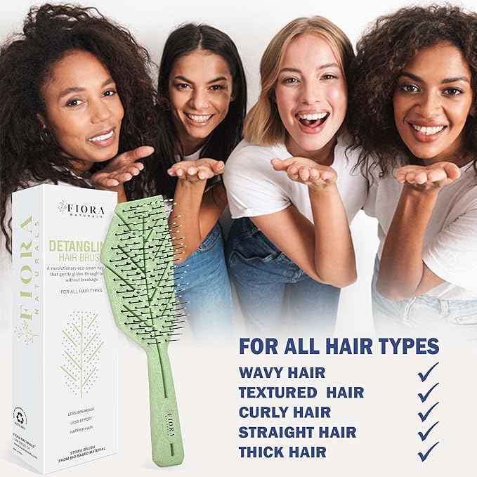 Fiora Naturals Hair Detangling Brush for Women - Detangler Hair Brush w/Flexible Soft Bristles- Gently Glides Through Tangles - Curly, Fine, Dry and Shower Wet HairBrush, cepillo para cabello - Green