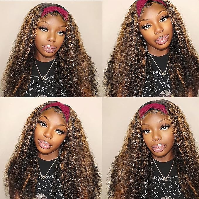 Headband Wig Human Hair 20 Inch Highlight Ombre Curly Headband Human Hair Wigs for Black Women #4/27 Glueless None Lace Front Brazilian Deep Wave Headband Wig