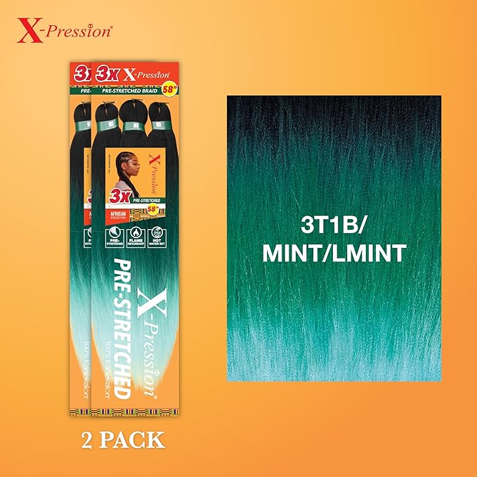 Sensationnel X-pression prestretched braiding hair - 3x braid 58 inch all kanekalon flame retardant synthetic braid for box braids and twists (2 pack, 3T1B/MINT/LMINT)