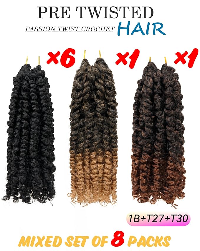 8 Inch 8 Packs Passion Twist Crochet Hair Pre looped-Mixed Color Combo Pack(6 packs 1B+ 1 pack T1B/27+1 pack T1B/30)Pre-twisted Pre Looped Soft & Bouncy Synthetic Braided Hair Extensions (1B+T27+T30)