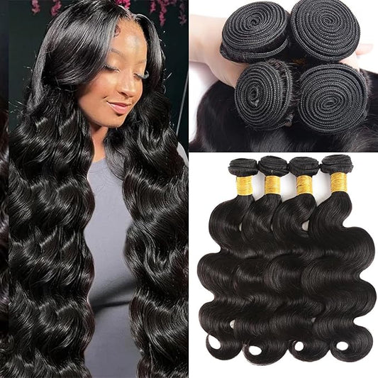 12A Human Hair Bundles Body Wave 100% Unprocessed Brazilian Virgin Hair 4 Bundles Human Hair Extensions Quick Weave Human Hair (4 Bundlles Natural black, 14 16 18 20 Inch)