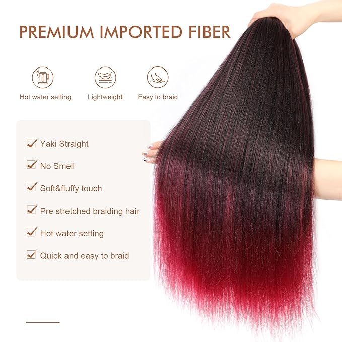 Pre-stretched Braiding Hair - 28 Inch 8 Packs Ombre Red Super Long Braiding Hair For Twist or Box Braids, Yaki Texture Hot Water Setting Synthetic Braiding Hair Extensions (28 Inch, T530-8P)