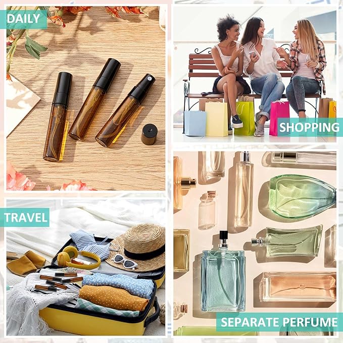 Zhehao 100 Pcs Mini Spray Bottles 5 ml Clear Glass Perfume Bottles Refillable Fine Mist Perfume Atomizer Portable Empty Sample Containers for Cleaning, Essential Oils, Travel (Amber)