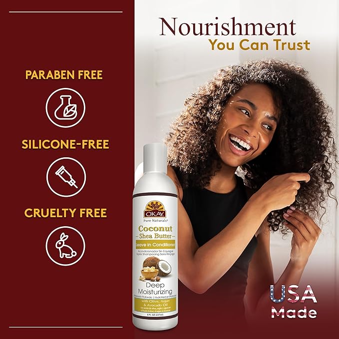 OKAY | Coconut & Shea Butter Leave-In Conditioner | For All Hair Types & Textures | Fortify - Strengthen - Revitalize | With Olive, Argan & Avocado Oil | Free of Paraben, Silicone, Sulfate | 8. oz