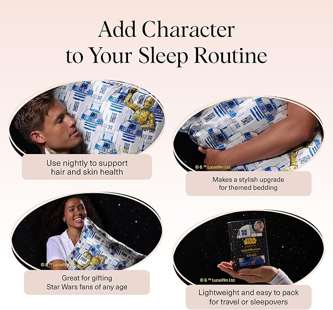 Kitsch x Star Wars R2-D2 & C-3PO Satin Pillowcase | Satin Pillowcase with Zipper, Better Than Silk Pillowcase | Frizz-Reducing Pillow Case for Hair & Skin Care, Cooling & Breathable - Standard