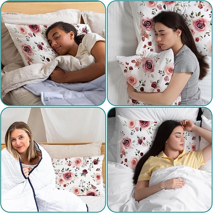 Satin Pillowcase Rose Flowers and Leaves Similar to Silk Pillow Cases for Hair and Skin, 1 Pack Soft Smooth Breathable Cool Pillow Cases, Standard Size with Hidden Zipper 20" x 26"