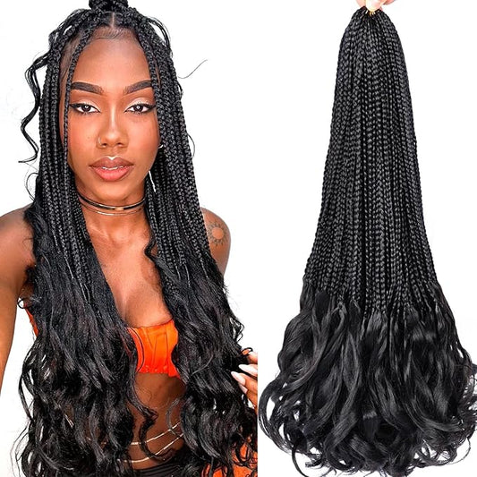 French Curl Crochet Braids 24 Inch Goddess Box Braids Crochet Hair for Women 8 Packs Pre Looped Crochet Box Braid with Curly Ends Synthetic French Curly Braiding Hair Extensions (1B#)