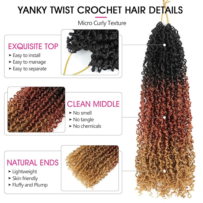 NAYOO 12 Inch Yanky Twist Crochet Hair - 8 Packs (30 Stands/Pack) Mini Passion Twist with Curly Ends Synthetic Pre-Looped Crochet Braids Braiding Hair12 Inch, OT30/27)
