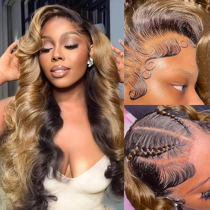 MEGOOD 250 Density 13x6 Honey Blonde Wig Human Hair 4/27 Colored Wigs 13x6 Body Wave Lace Front Wigs Pre Plucked For Women HD Transparent Ombre Lace Front Wig Human Hair 22 Inch