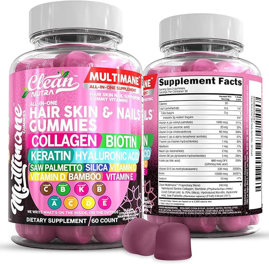 Clean Nutraceuticals Biotin Collagen Keratin Gummies | Hair Skin and Nails Vitamins for Women | Hyaluronic Acid Bamboo Vitamin A C D3 E Folate with Saw Palmetto Silica B3 B12 Vegan Gummy